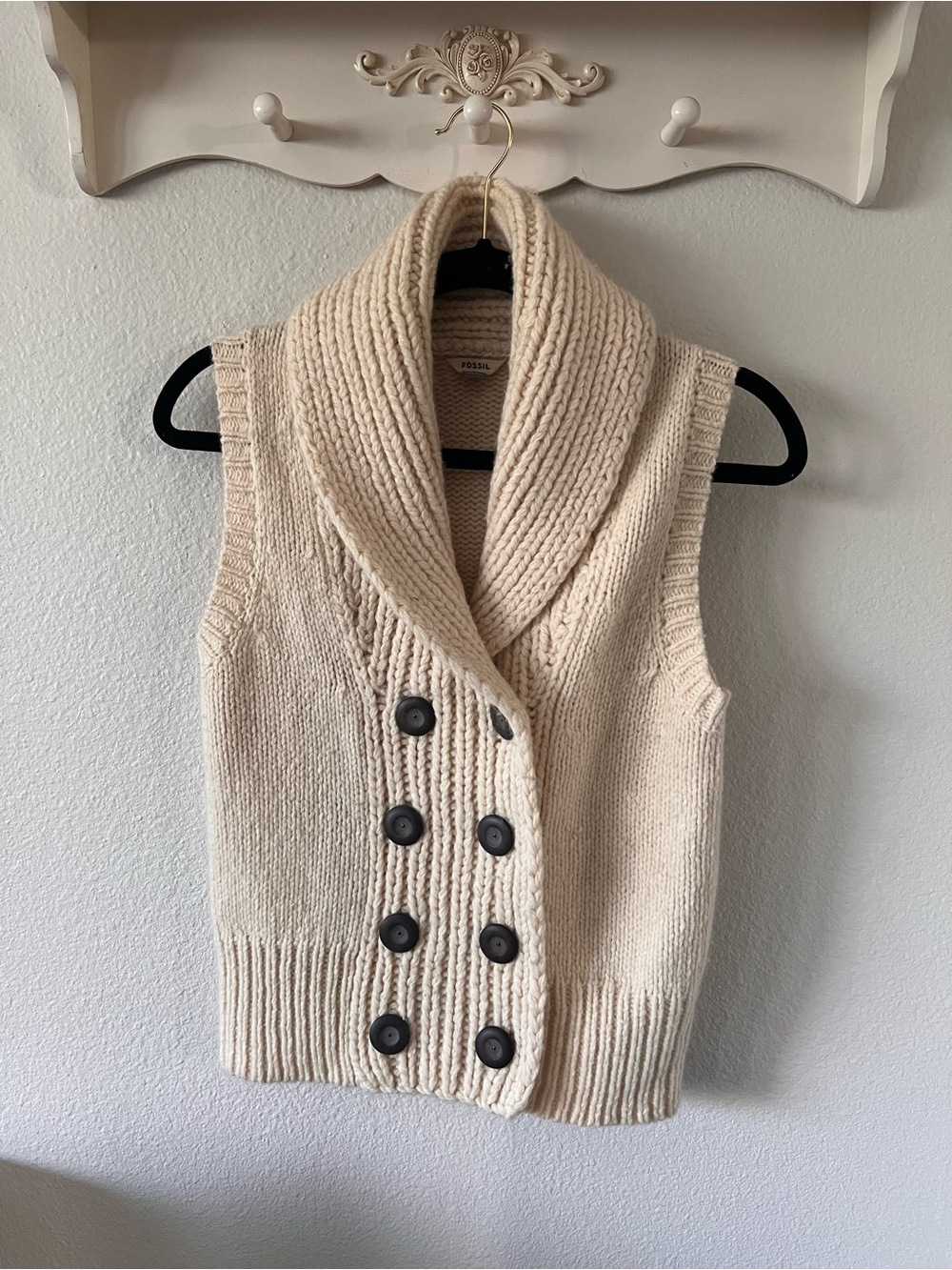 Fossil Women's Wool Cream Shawl Collar Chunky Knit Vest XS